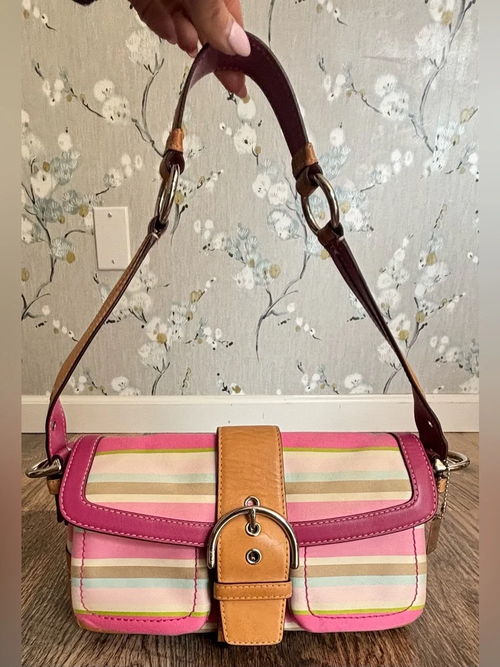 Vintage Y2K Coach Soho Hampton Pastel Pink Striped Canvas Shoulder  Bag Buckle